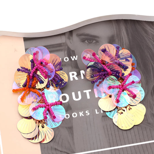 Handmade string bead flower earrings with exaggerated 5-7cm floral designs in mixed materials
