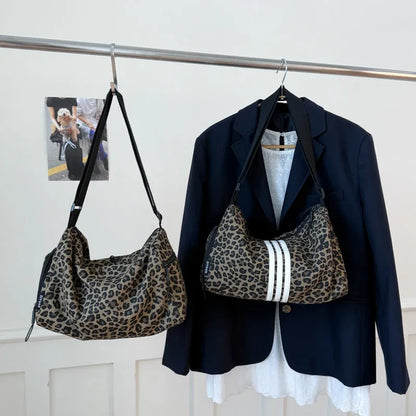 Leopard print sports style shoulder messenger bag with visible stitching and cross-body strap