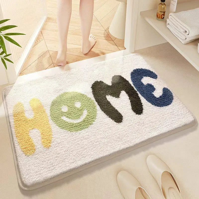 Cashmere carpet floor mat with plastic bottom in Sky Sea colour showing rainbow pattern, square shape with flat construction