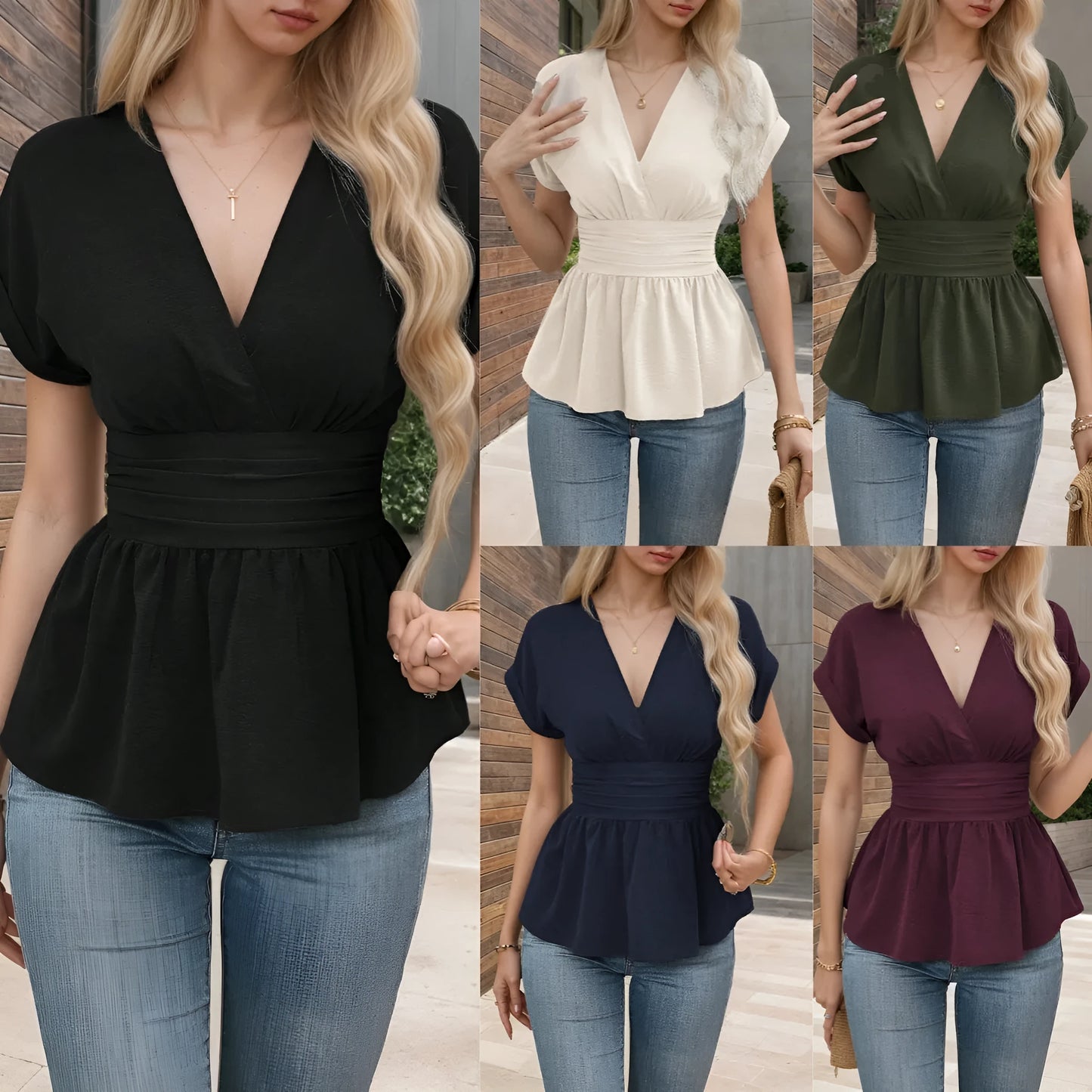 Women's solid colour polyester V-neck top with waist pleating and short sleeves.