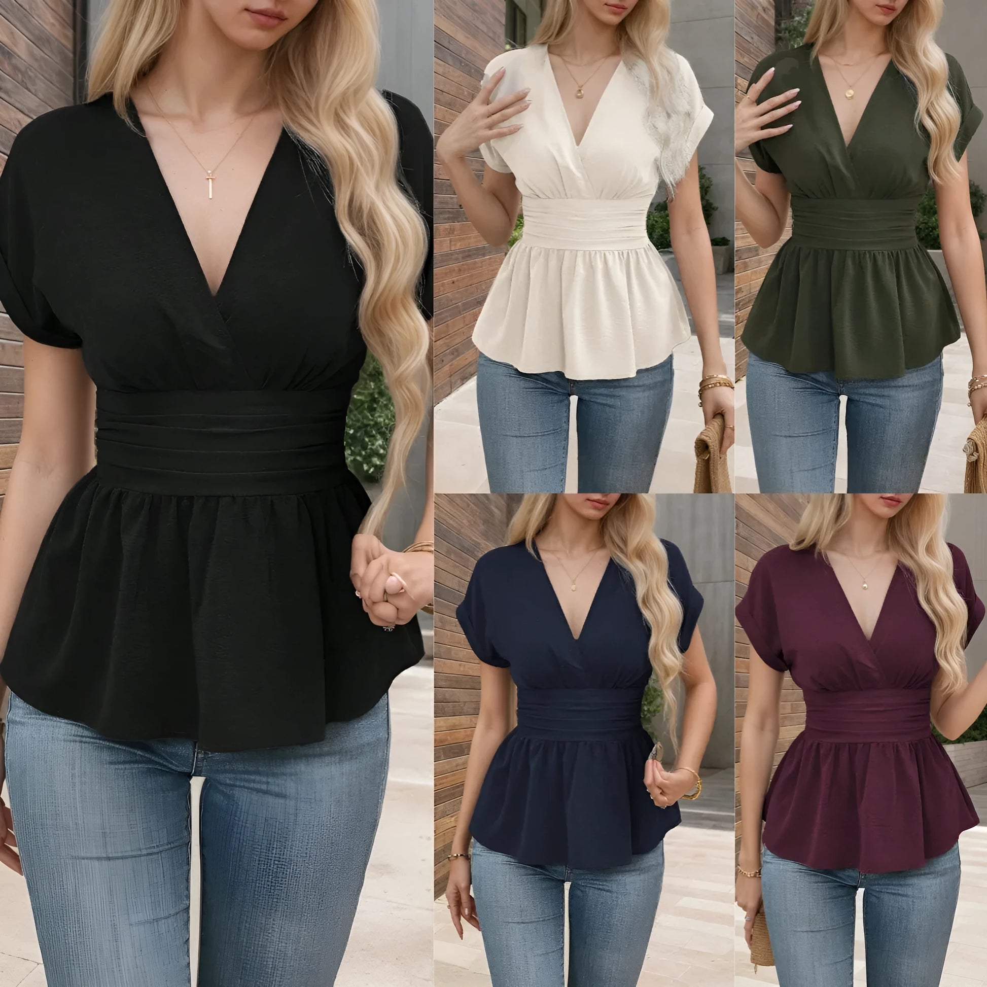 Women's solid colour polyester V-neck top with waist pleating and short sleeves.