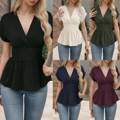 Women's solid colour polyester V-neck top with waist pleating and short sleeves.