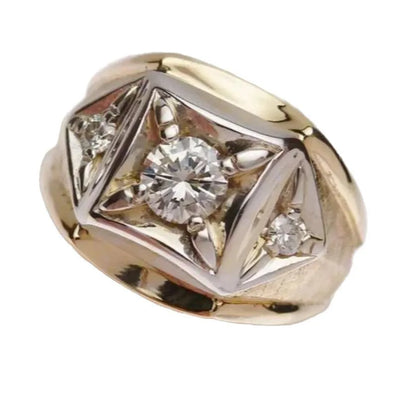 Gold geometric hollow wide band couple's ring showing chamfered square pattern detail on a solid copper band.