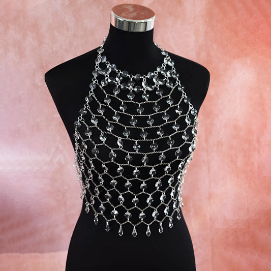 Hand-woven transparent acrylic crystal sequin body chain chest necklace jewellery.