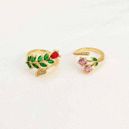 Copper geometric leaf open ring for women with zircon detail and adjustable design