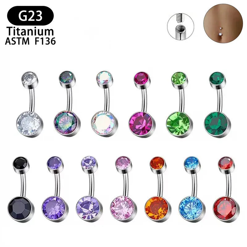 Titanium alloy double-headed navel stud with zircon stones in various colours and lengths.