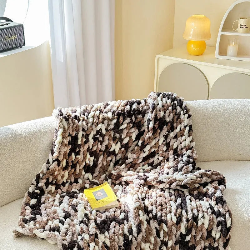 Thick Ice Bar section-dyed striped chenille blanket in caramel mango colour showing 130x170cm dimensions