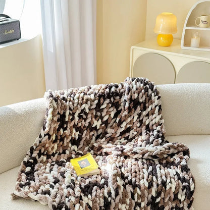 Thick Ice Bar section-dyed striped chenille blanket in caramel mango colour showing 130x170cm dimensions