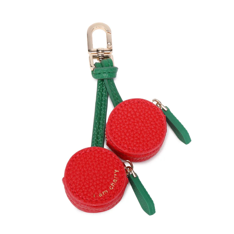 Cherry fruit keychain coin bag mini purse with solid colour PU leather construction, fresh sweet style for small item storage available in cherry red, blueberry blue, and orange