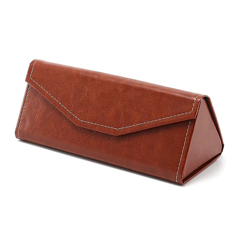 Handmade triangle folding PU cowhide glasses case in multiple colours measuring 160x66x16mm