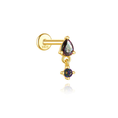 S925 sterling silver flat head thread piercing earring with super shiny rainbow stone, gold colour.