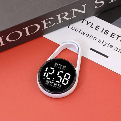 Mini digital LED electronic watch with plastic strap in various colours like fluorescent green and black on display.
