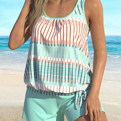 Sky blue striped women's one-piece swimsuit with a colour-split design.