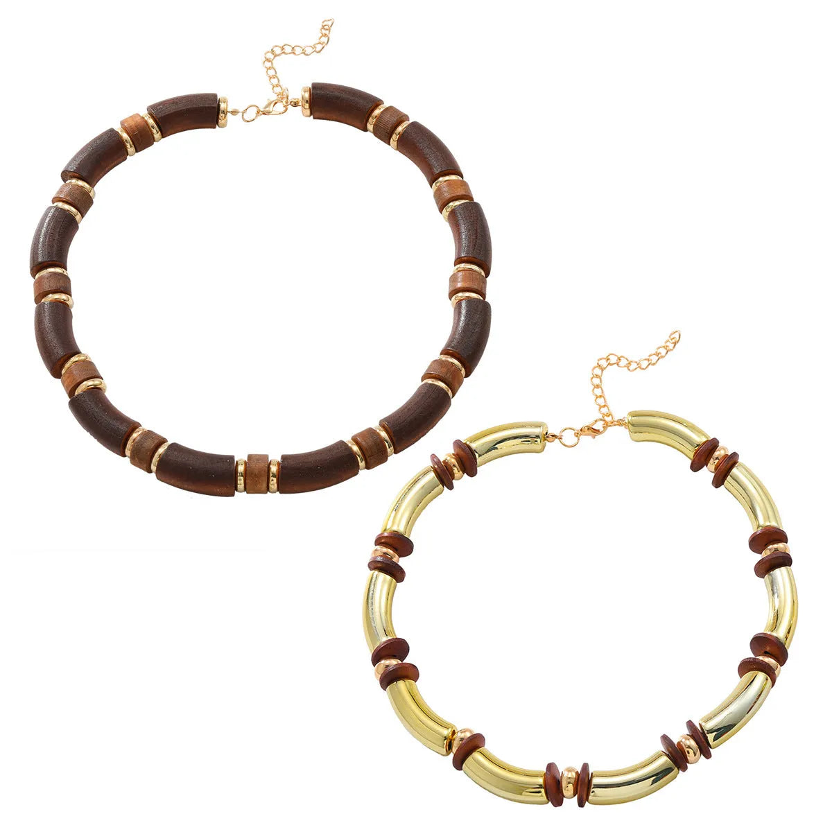 Women's exaggerated multi-layer wooden bead necklace and matching alloy bracelet set on a white background