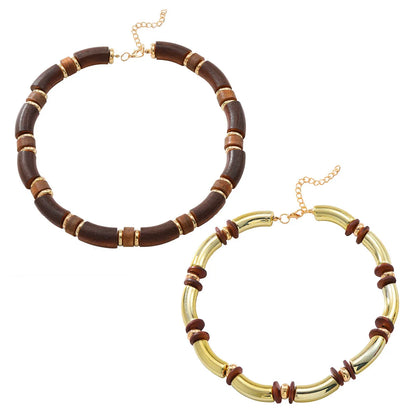 Women's exaggerated multi-layer wooden bead necklace and matching alloy bracelet set on a white background