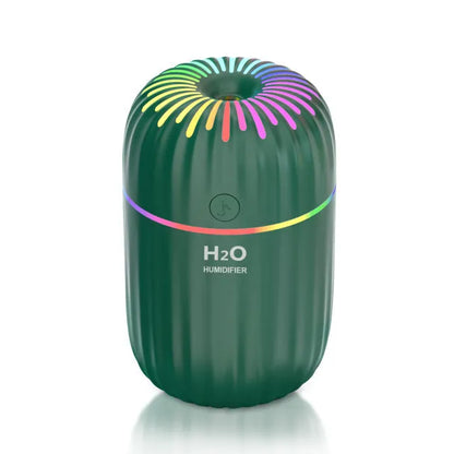 Mini USB aromatherapy humidifier in green, pink or white with 75x75x116mm dimensions and 0.5L water tank