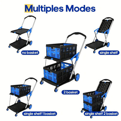 Blue foldable shopping cart with a double-layer plastic basket standing upright.