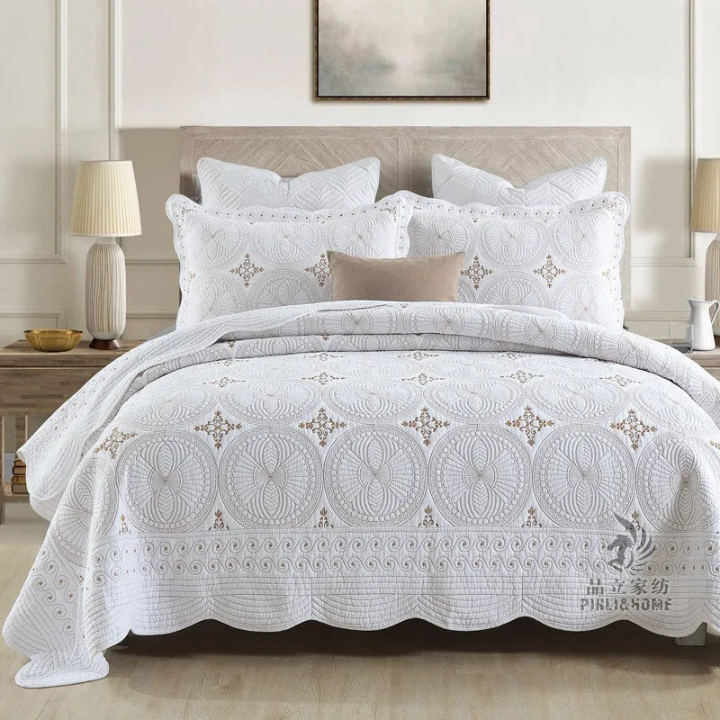 European-style cotton embroidery bed cover with double-thick construction and decorative detailing