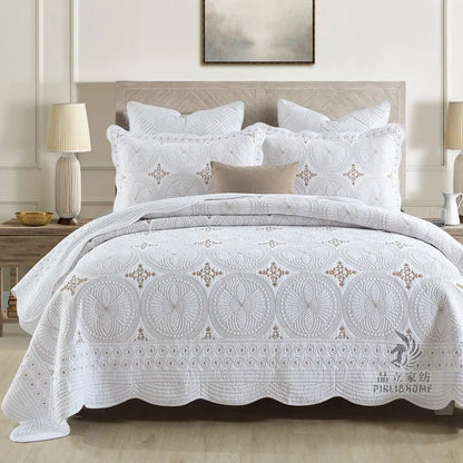 European-style cotton embroidery bed cover with double-thick construction and decorative detailing