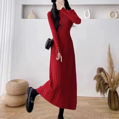 Women's high waist A-line knit skirt in a solid colour, knee-length midi style.