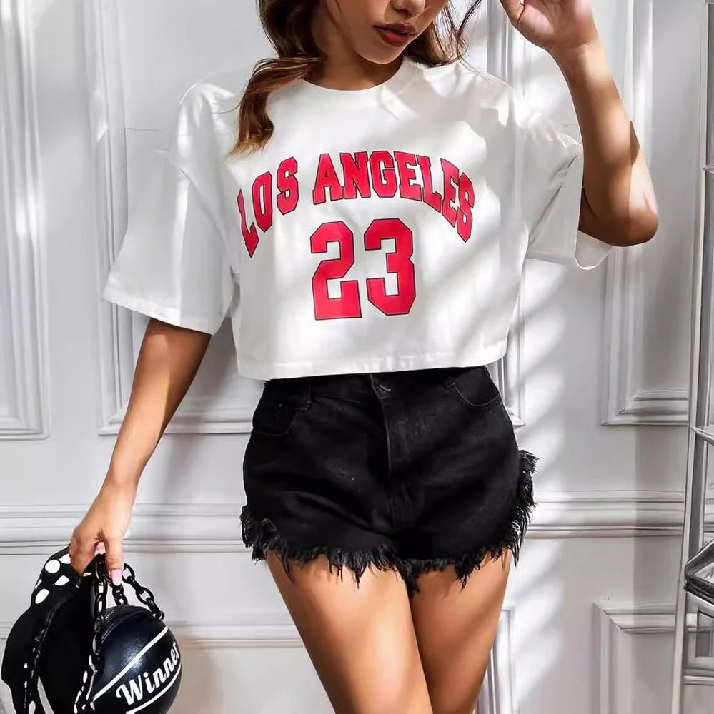 Personalised English letters summer t-shirt with exposed navel design in black or white with custom text printing