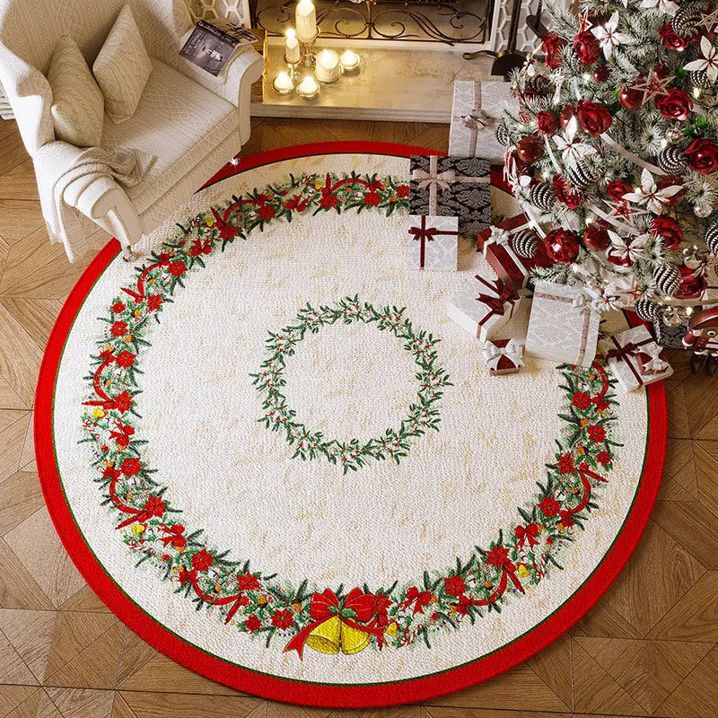 Round red Christmas carpet with festive pattern on a wooden living room floor.
