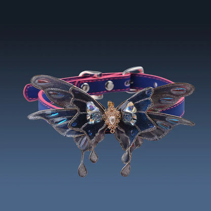 Purple colour-change butterfly rhinestone collar on an alloy chain, showing insect modelling.
