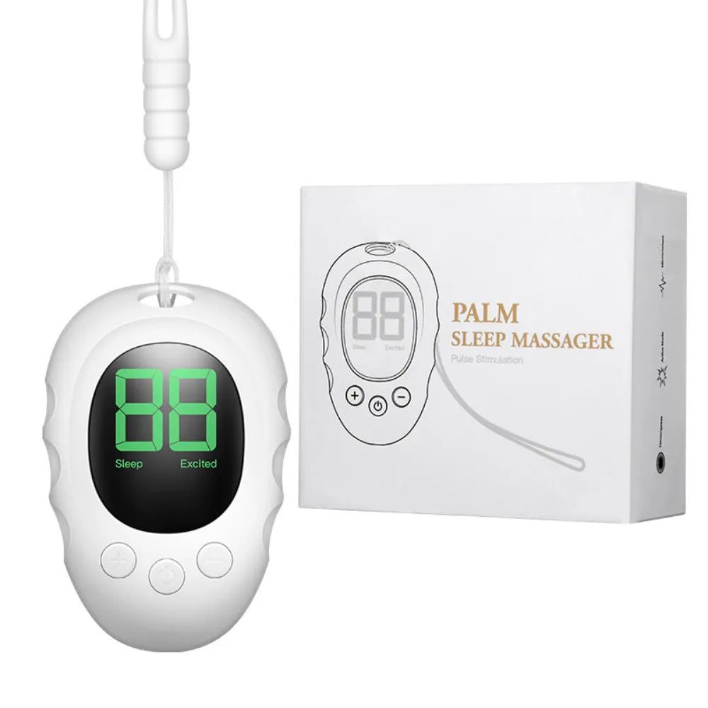 Silicone sleep aid hand grip in white, black, and green colours with sleep monitor and charging cable