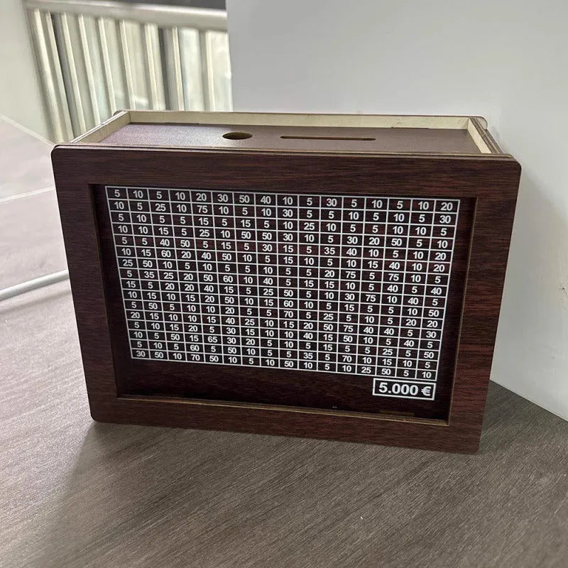 Retro wooden digital coin bank with modern design, showing currency library options.