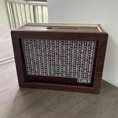 Retro wooden digital coin bank with modern design, showing currency library options.