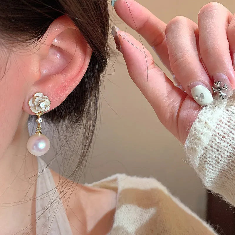 Camellia flower stud earrings with pearl centre for women