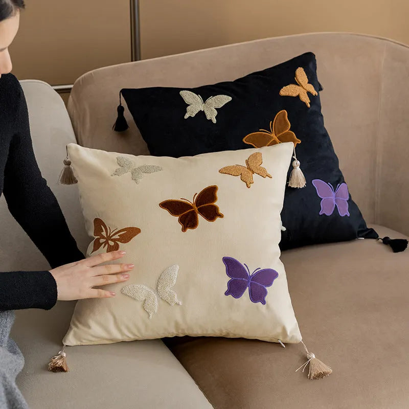 45x45cm square couch pillow with Chinese-style butterfly embroidery in beige colour