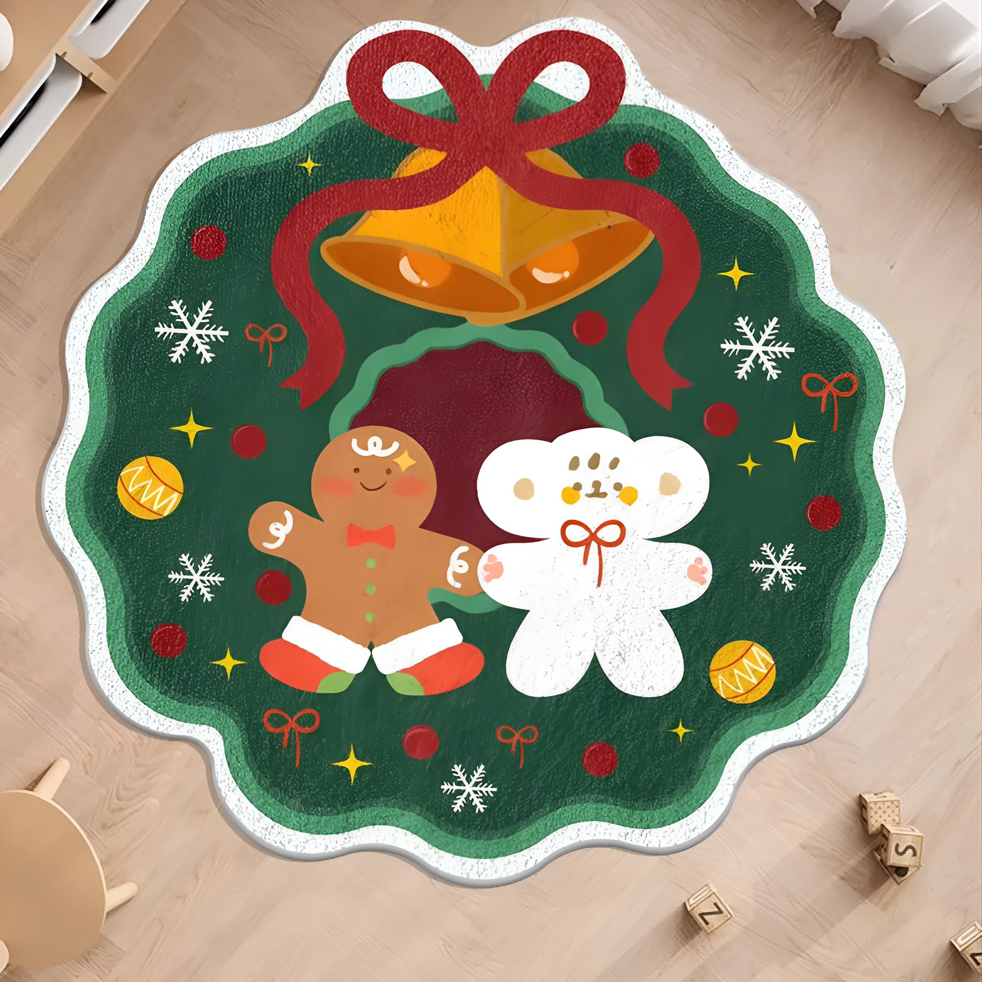 Round Christmas floor mat in imitation cashmere with festive designs like Christmas trees and gingerbread men, sizes 60x60cm and 80x80cm
