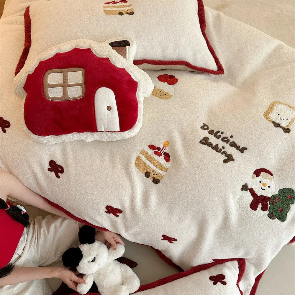 Winter Christmas cartoon four-piece bedding set with Xuefu Milk Pastry pattern on polyester fabric