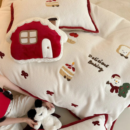 Winter Christmas cartoon four-piece bedding set with Xuefu Milk Pastry pattern on polyester fabric