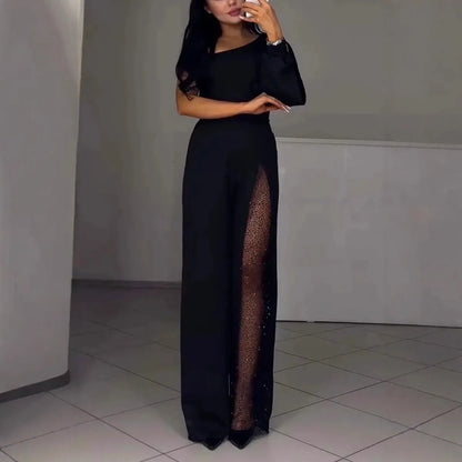 Women's polyester jumpsuit with oblique shoulder and high slit in black, wine red, white, or dark blue