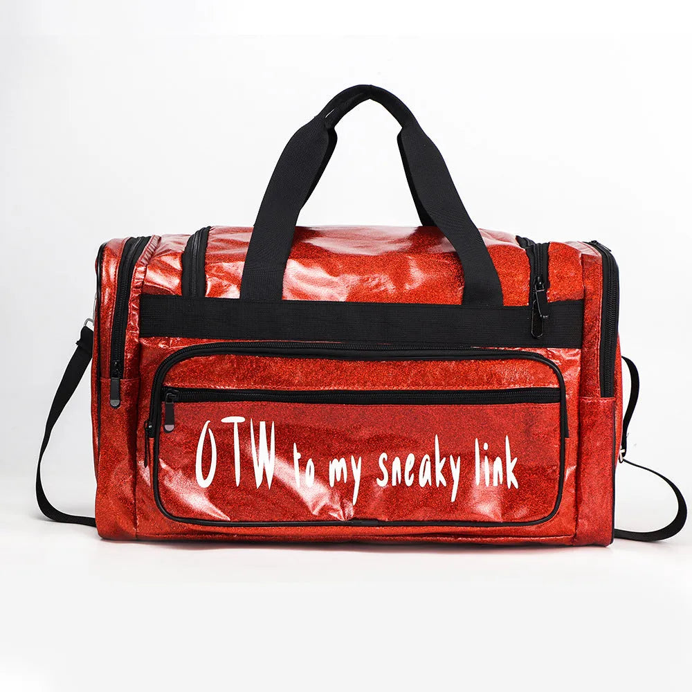 Large silver PU leather sports handbag with letter detailing, showing internal compartments.