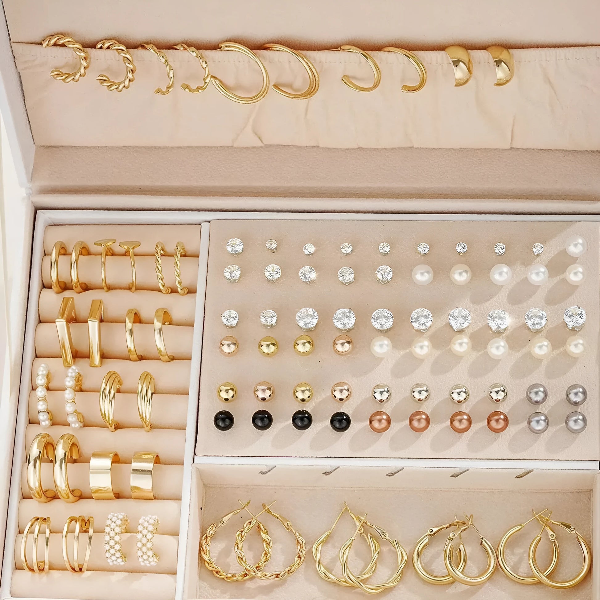 108-piece alloy earrings set with geometric shapes and round pearl elements in gold and yellow electroplated finish