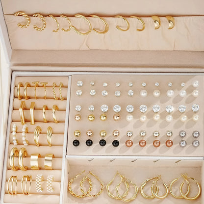 108-piece alloy earrings set with geometric shapes and round pearl elements in gold and yellow electroplated finish