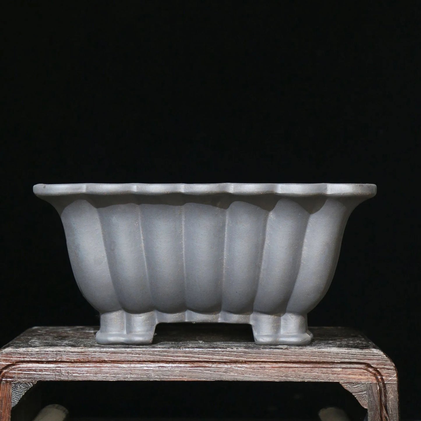 Square purple sand ceramic bonsai pot with 37cm diameter on desktop with small plant