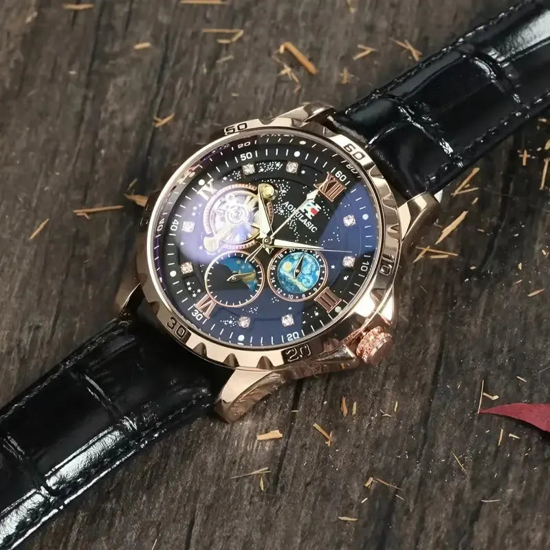 Black dial automatic watch with rose gold case, genuine leather strap, and visible mechanical movement through hollow design