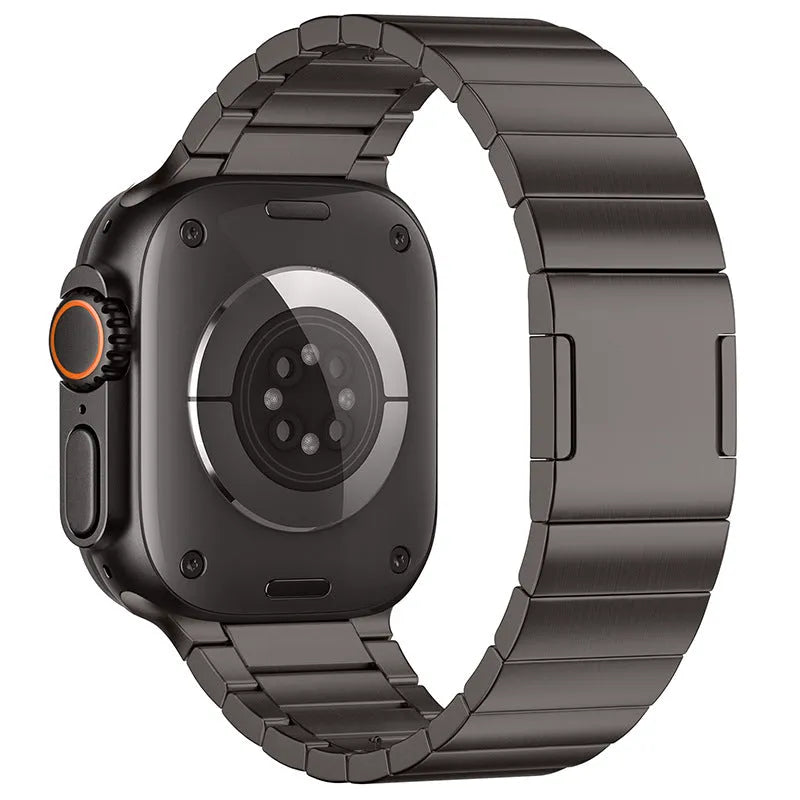 Fashion Magnetic Buckle Steel Watch Strap for Apple Watch: Compatible with 42mm, 44mm, 45mm, 46mm & 49mm models in seven metallic finishes including Titanium Orange.