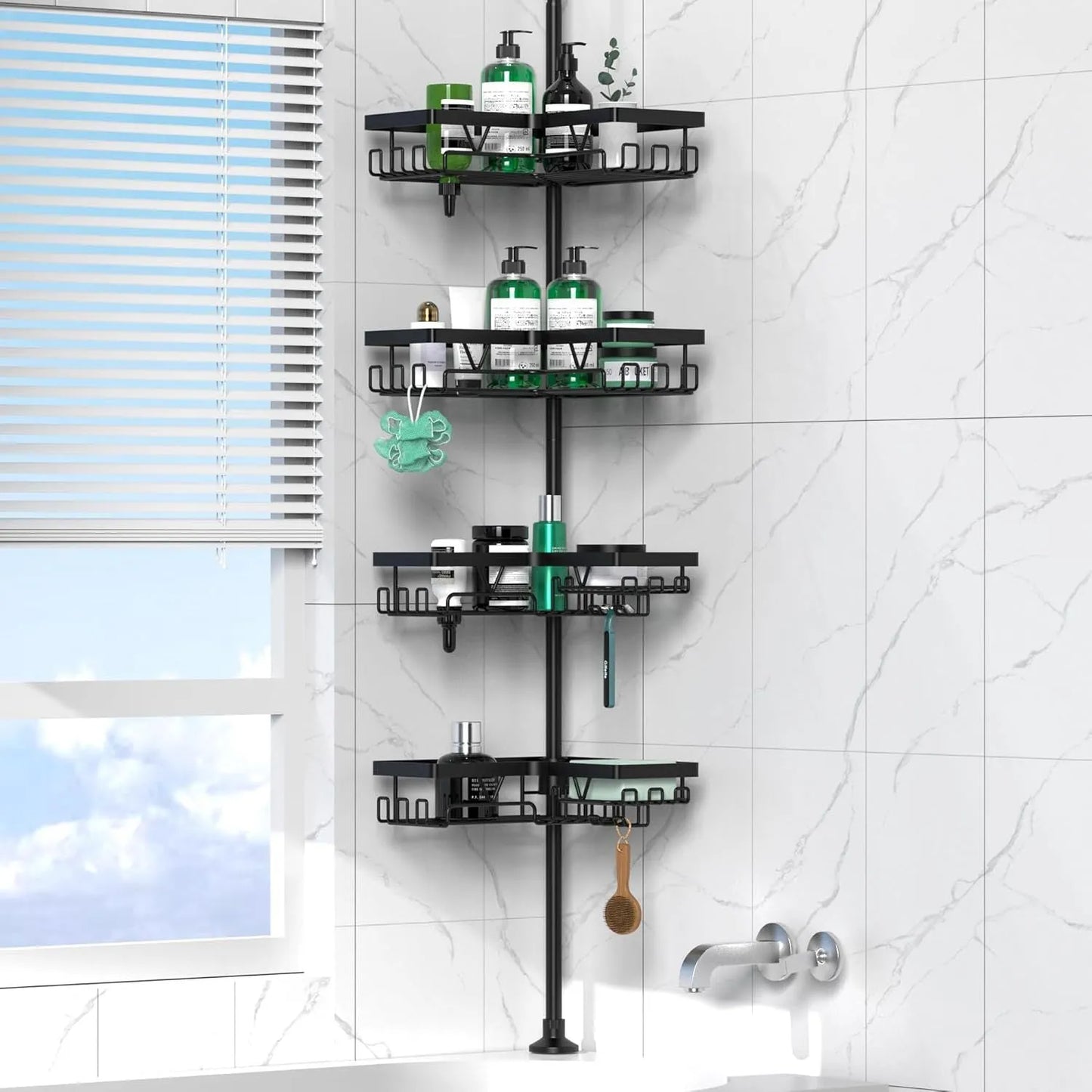 Stainless steel retractable bathroom storage rack with four shelves and hole-free installation