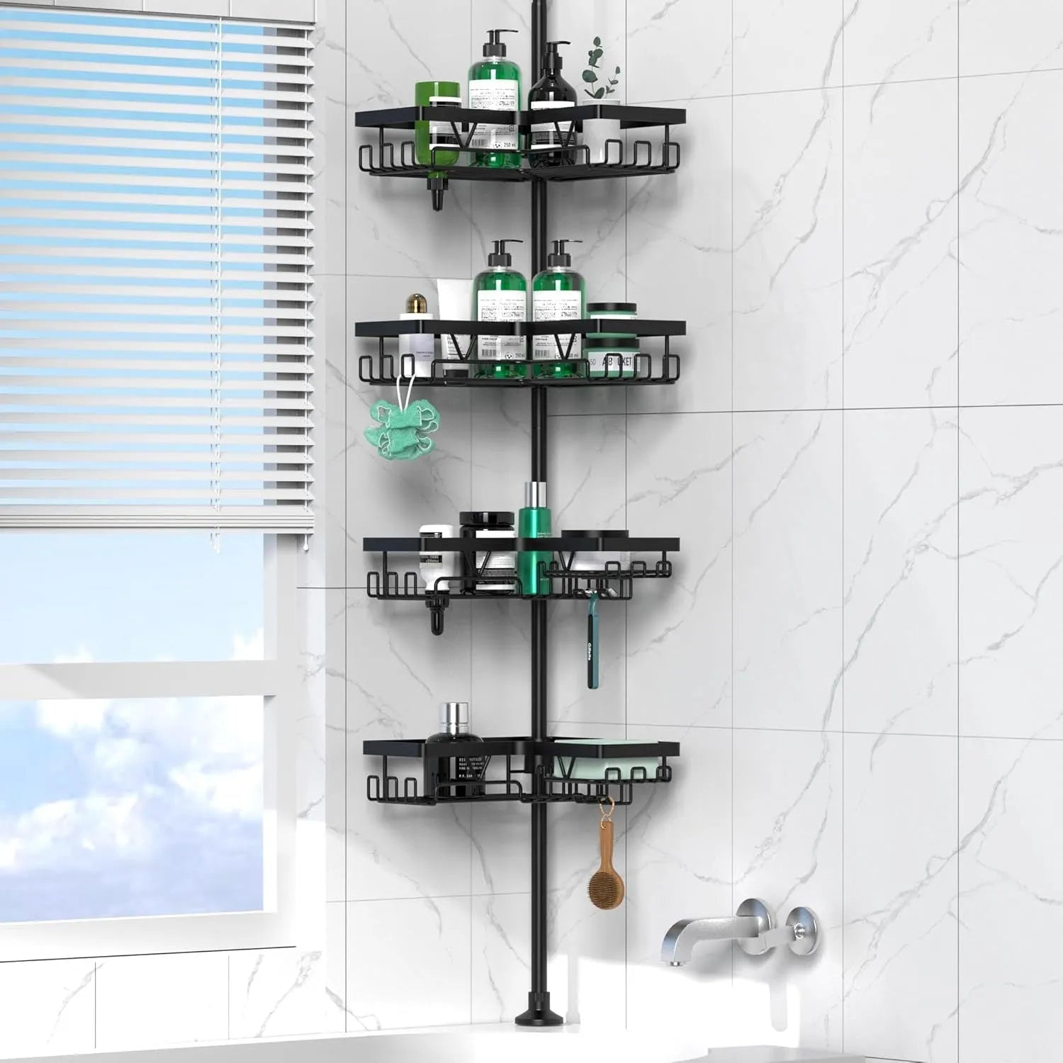Stainless steel retractable bathroom storage rack with four shelves and hole-free installation