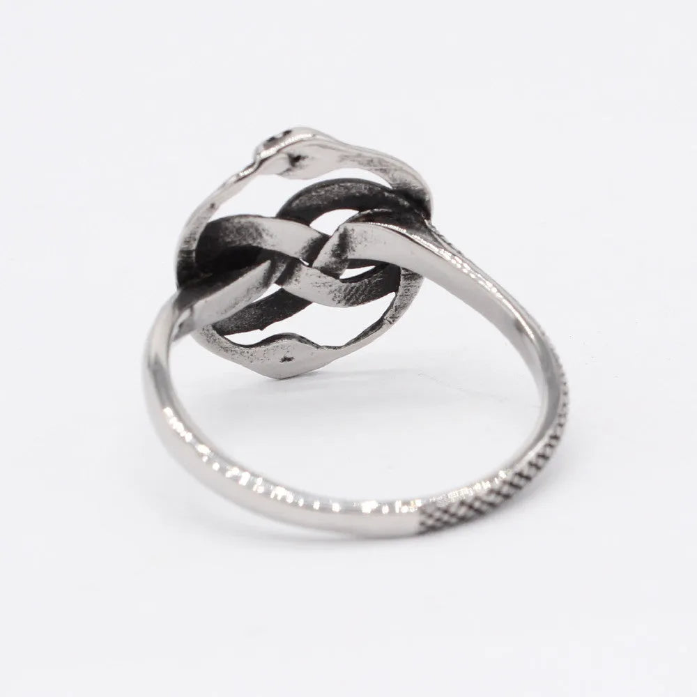 Titanium steel double snake ring in steel colour with retro design, shown on a finger.