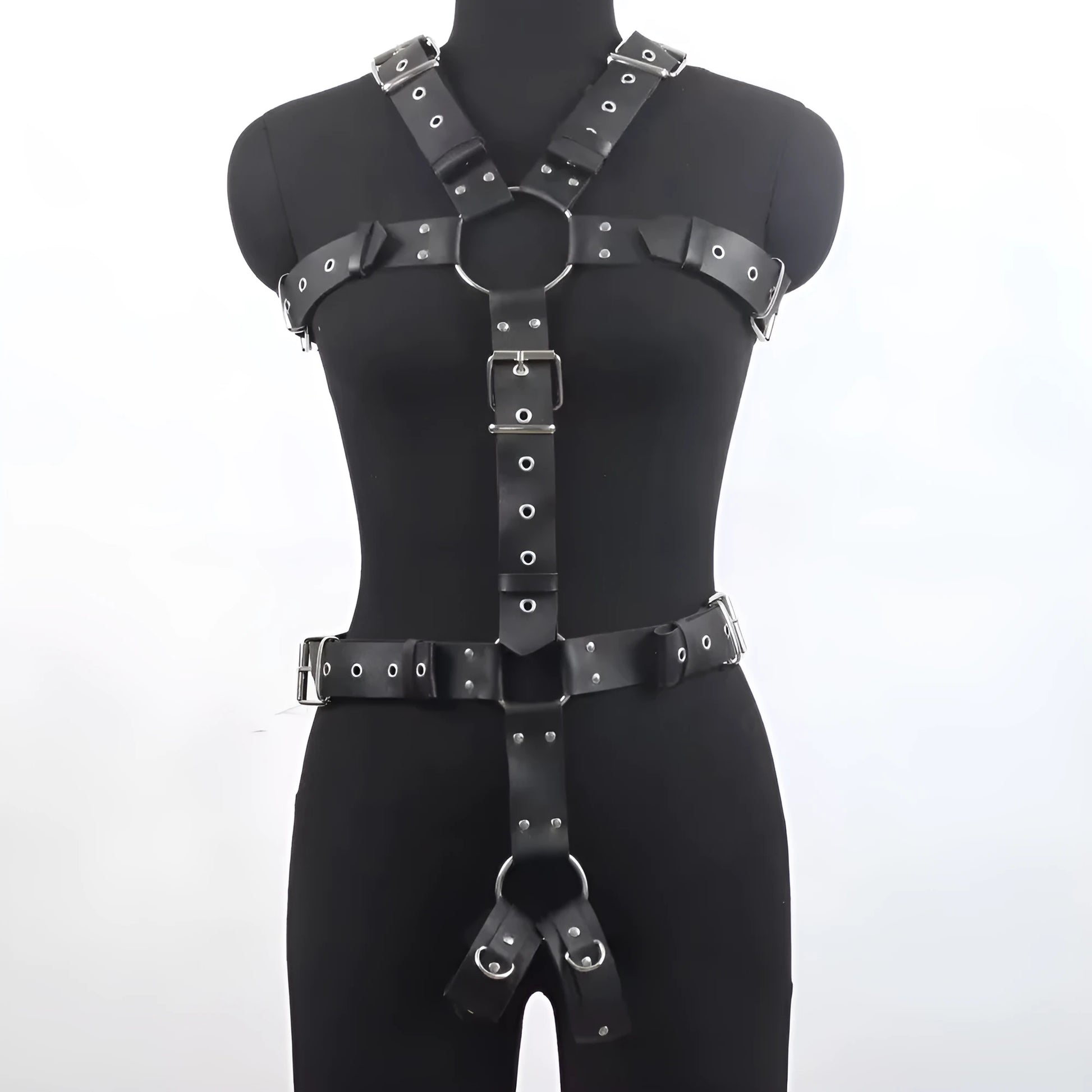 Black imitation leather waist trainer corset with an adjustable buckle and thin straps.