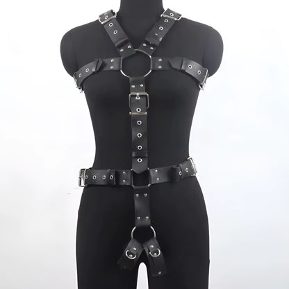 Black imitation leather waist trainer corset with an adjustable buckle and thin straps.
