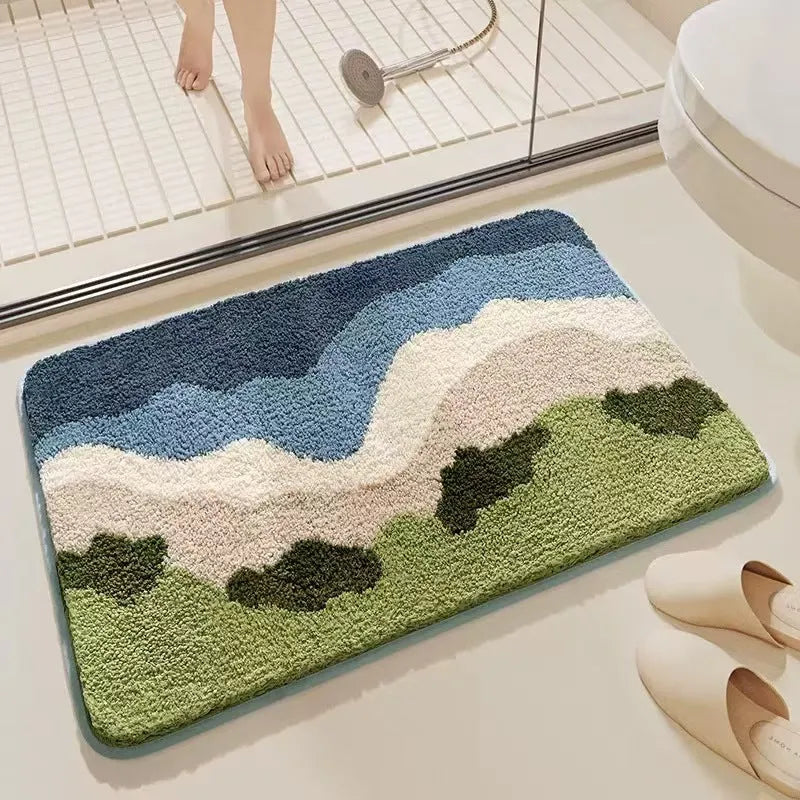 Cashmere carpet floor mat with plastic bottom in Sky Sea colour showing rainbow pattern, square shape with flat construction