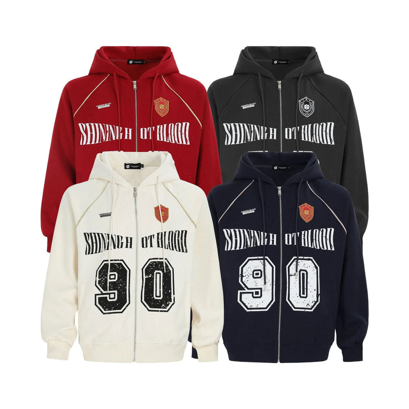 Women's American Retro Casual Jacket with Letter Embroidery in Loose Hooded Cardigan Style Made from Cotton Blend Fabric Available in Red Dog Apricot Dark Gray and Navy Blue Colour Options in Asian Sizes S M L XL Suitable for Teenagers and Adults