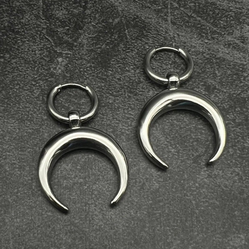 Alloy 18K Vintage Gothic Moon Big Hoop Earrings for women – Punk style geometric silver ear clip jewellery with moon element detail